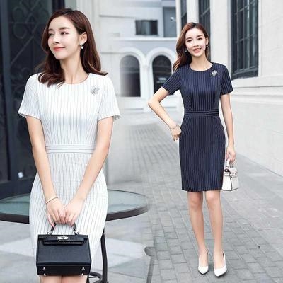 夏時尚白色ol上班服女洋裝子通勤氣質顯瘦短袖條紋美容師工作服
