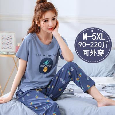 Đồ ngủ của phụ nữ mùa hè cotton tinh khiết mỏng ngắn tay quần tây cắt ngắn phù hợp với người béo lớn béo mm200 kg lỏng lẻo dịch vụ tại nhà - Bên ngoài ăn mặc