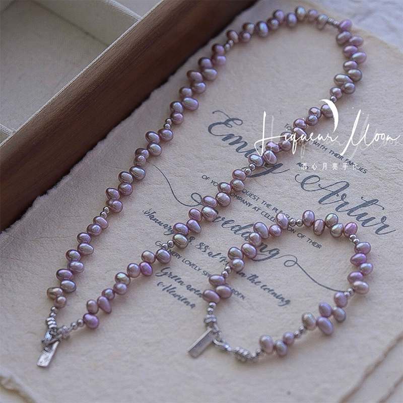Jiu Xin Yueyue Original Handmade Natural Freshwater Pink-Purple Irregular Pearl Clavicle Fairy Necklace