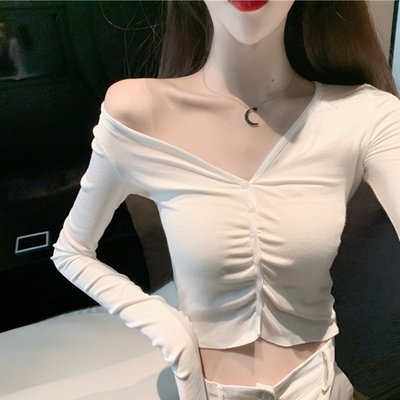 Van Xi V-neck leg leggings women's 2022 spring and autumn white underwear long sleeves short slim slim and versatile t-shirt top