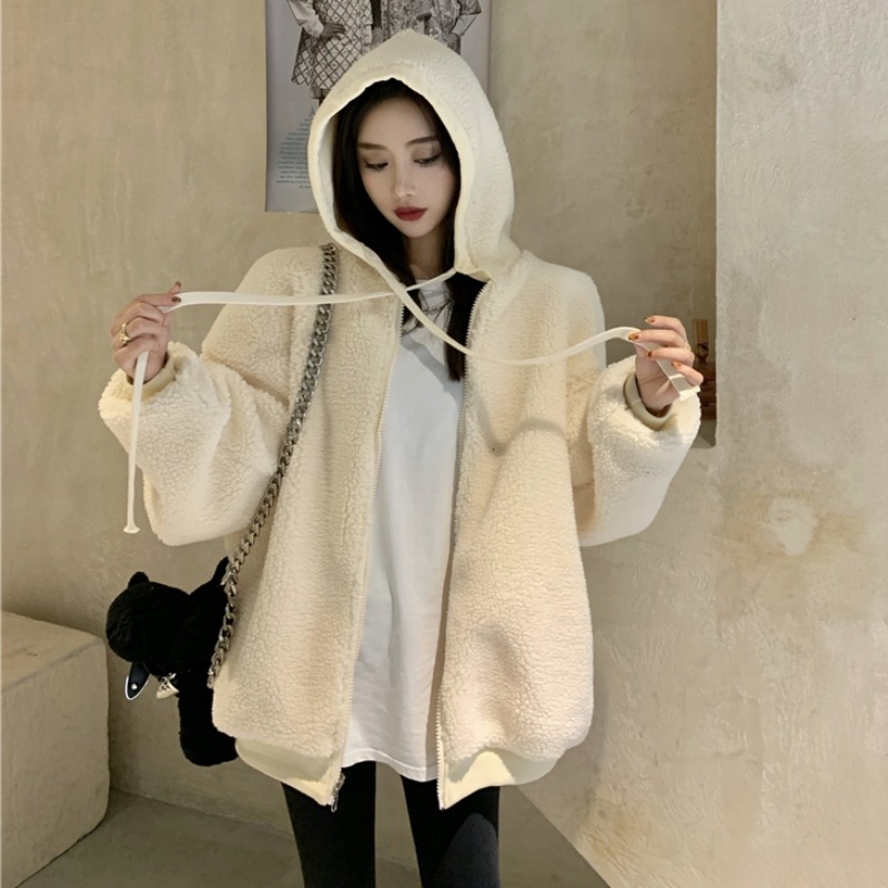 Two sides wearing lamb wool coat female Korean version loose 2021 autumn winter new tandem hat cashmere black plus suede thickened