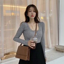 Fanchy square collar base shirt Women autumn and winter New sexy low-cut tight pullover long sleeve T-shirt knitted top