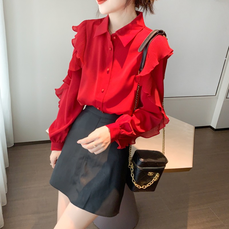Vanhee 2021 spring new chiffon shirt women's French lantern sleeve top retro women's fashion red shirt