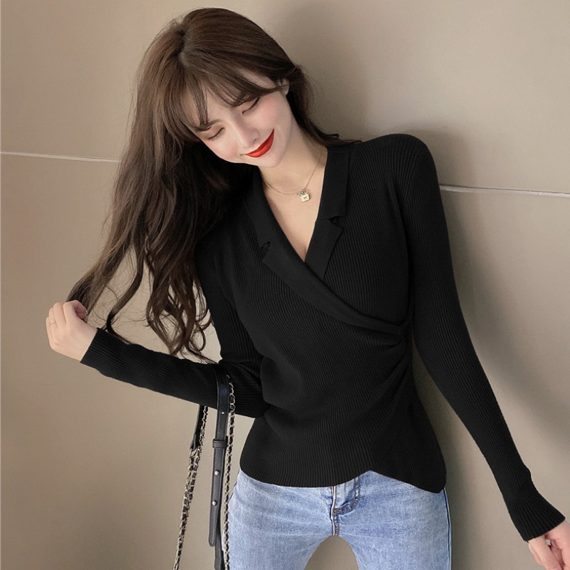 Sexy blouse 2022 Spring and Autumn V collar with a hair - shaped knitting sweater