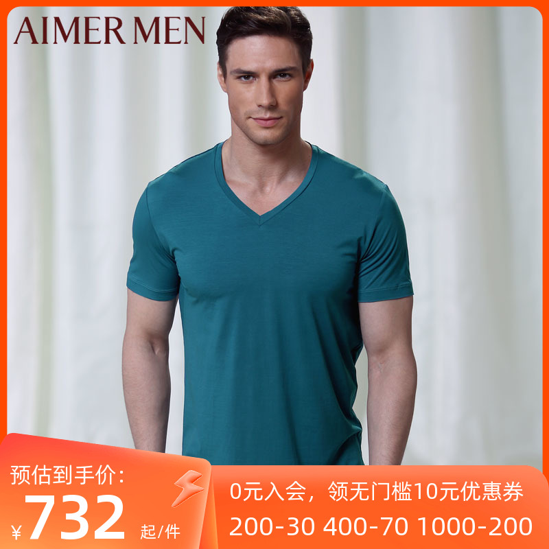 Mr. Aimong Brands Red Pint Modale Thin with soft V-collar men short sleeve T-shirt blouses NS12354-Taobao