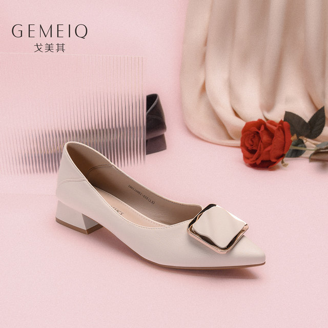 GOMEQI Spring and Autumn Work Shoes Pointed Toe Shallow Mouth Square Buckle Shoes Fashionable Low Heels Thick Heels Commuting Women's Shoes Shopping Mall ແບບດຽວກັນ