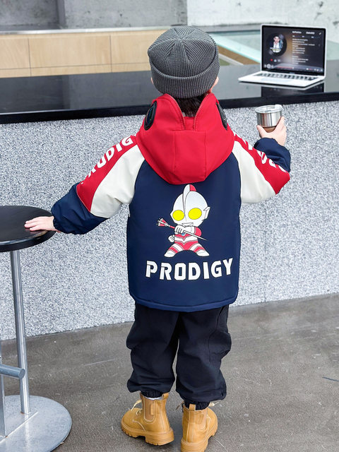 Boys' Cotton Jacket, Children's 2025 New Autumn and Winter Fleece-Lined Thickened Double-Layer Cotton Coat, Stylish Ultraman Windbreaker for Toddlers