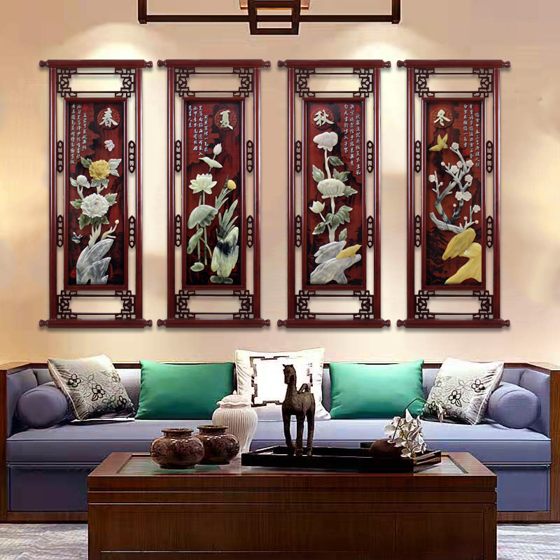 Spring Summer Autumn Winter Hanging Painting Chinese Style Living Room Sofa Background Wall Decoration Painting Dining Hall Wall Decoration Four United Jade Sculpture Mural Painting
