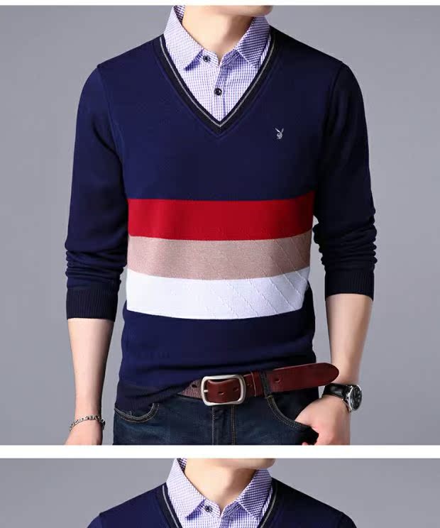 Playboy nam dài tay cộng với áo thun nhung dày ấm áp áo sơ mi nam cổ áo giả hai áo sơ mi nam từ bi áo polo