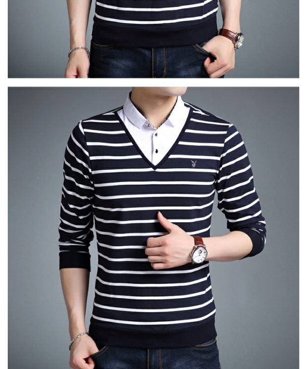 Playboy Áo thun nam dài tay Hàn Quốc Slim Fake Áo hai dây Đầm trẻ trung Áo thun cổ áo cotton ao phong nam