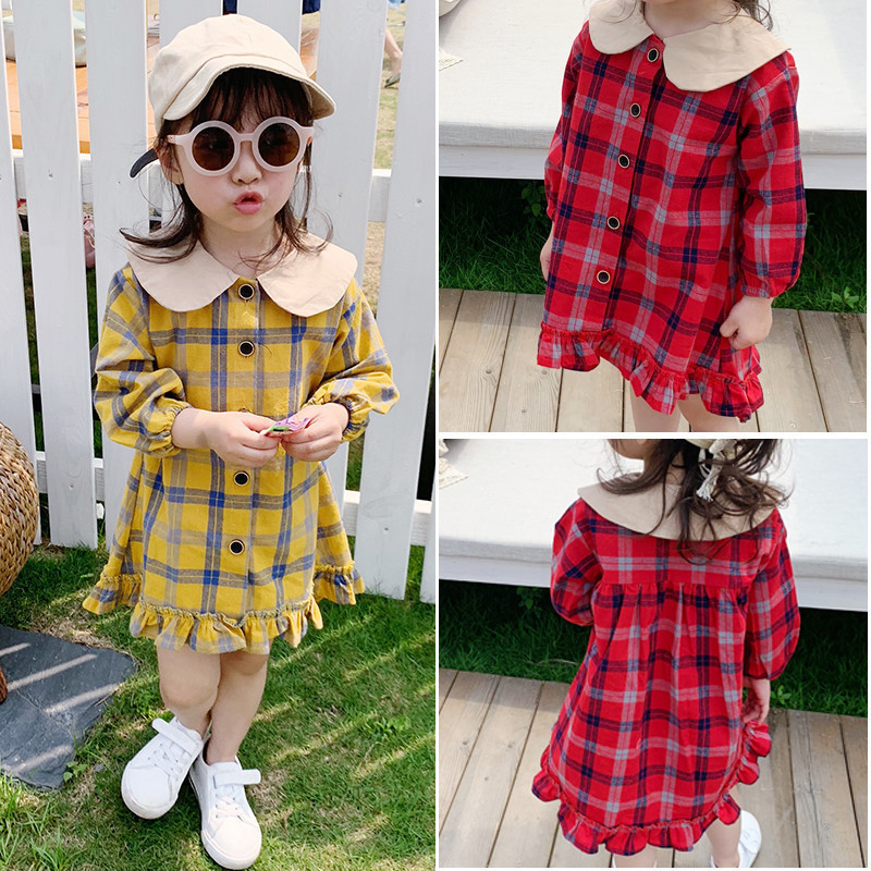 Girls dress 2021 autumn new Korean version of the girl plaid lapel dress Western princess dress 5164