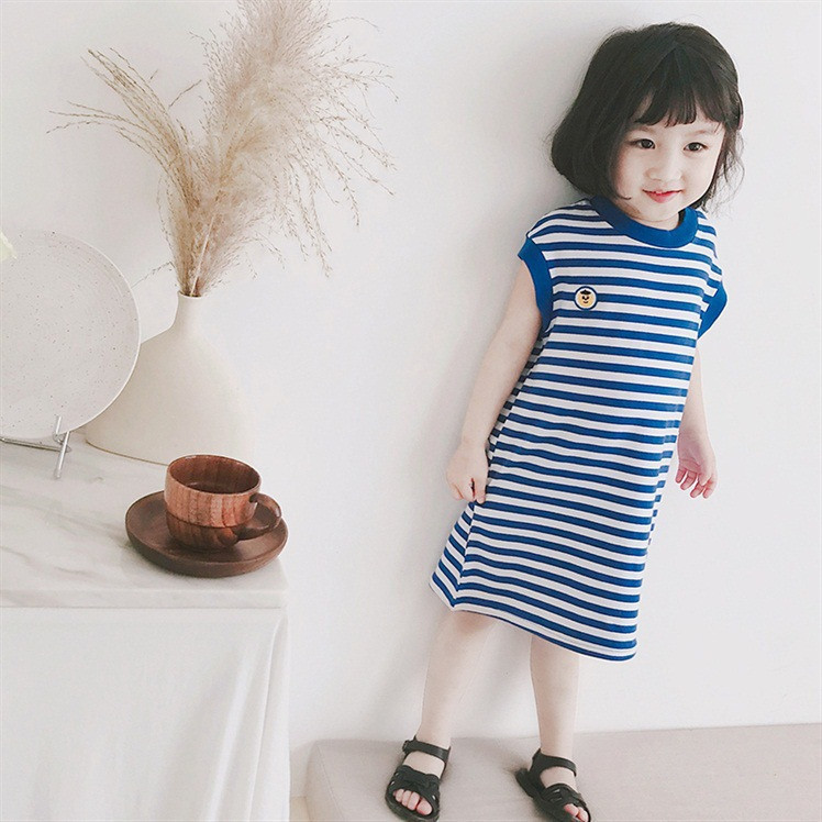 2021 summer new children's casual long version dress girls fashion blue stripe T-shirt dress 5308