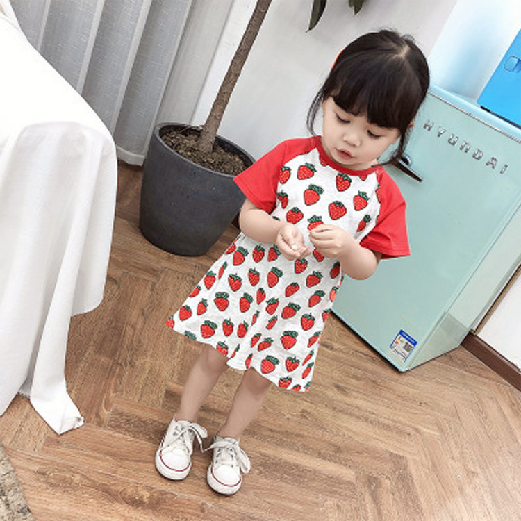 2021 summer new item girls strawberry print raglan shoulder T-shirt dress medium long dress female baby child skirt 5176