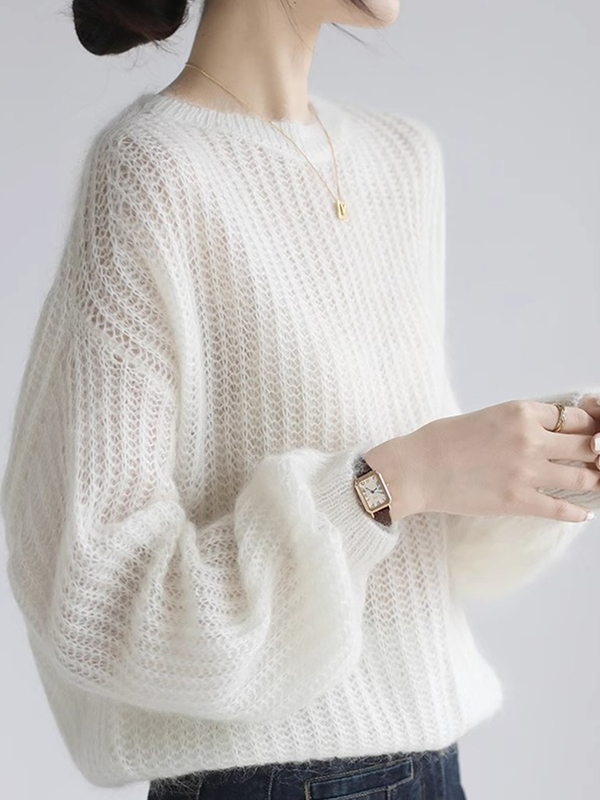 French-Style Atmospheric White Mohair Knit Sweater for Women, Korean-Style Hollow-Out Spring Versatile Sweater Top