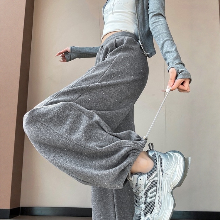 Light Gray Rhinestone Jogger Wide-Leg Convertible Knife-Cut Pants for Women, 2026 Spring/Summer New Style, Petite High-Waisted Athletic Sweatpants