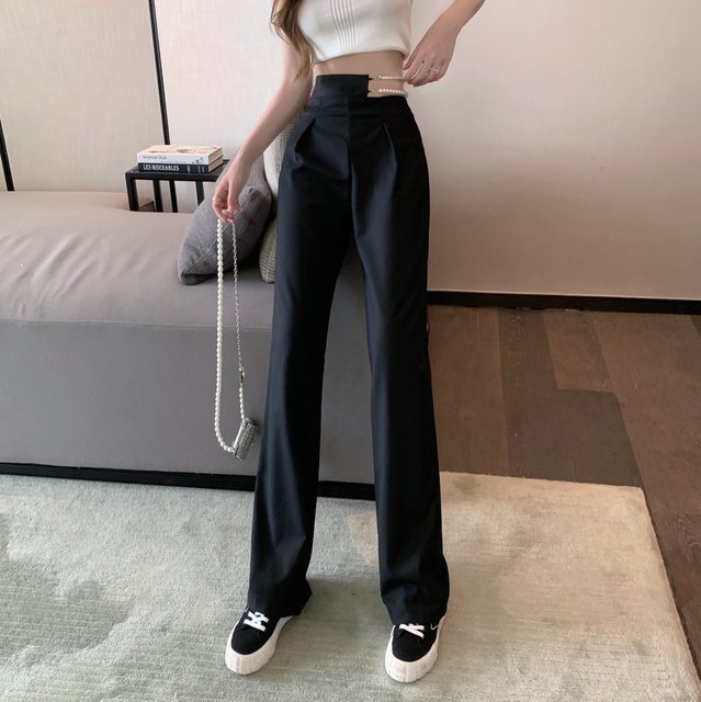 Hollow brick inlaid pearl chain wide-leg trousers long trousers women's summer design sense thin section high waist vertical suit trousers