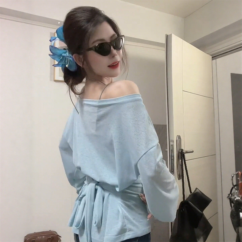 Ice Blue Off-Shoulder Long-Sleeve T-Shirt for Women, Spring/Summer Thin Style, 2026 New Loose Fit Versatile Tie-Waist Blouse Top