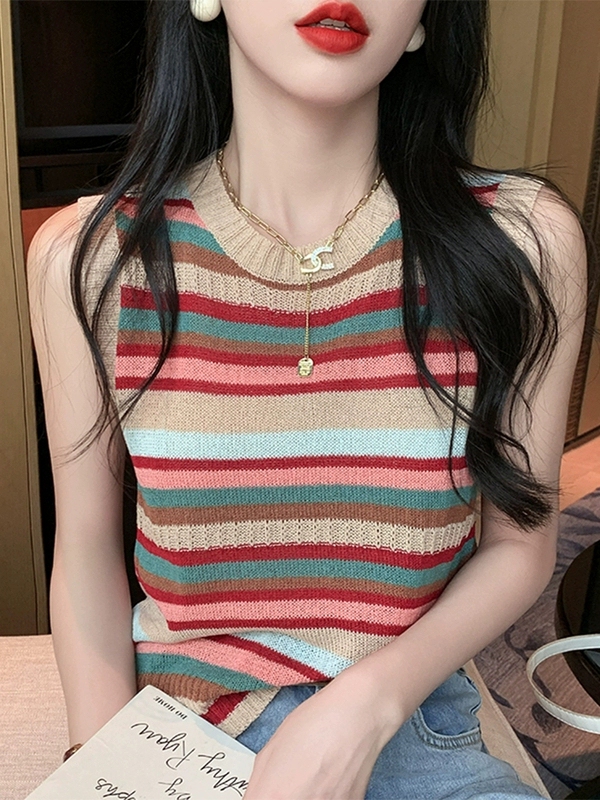 Ice Silk Knitted Sleeveless Top for Women, Summer Thin Striped Color-Blocked Outerwear Tank Top Dopamine Camisole