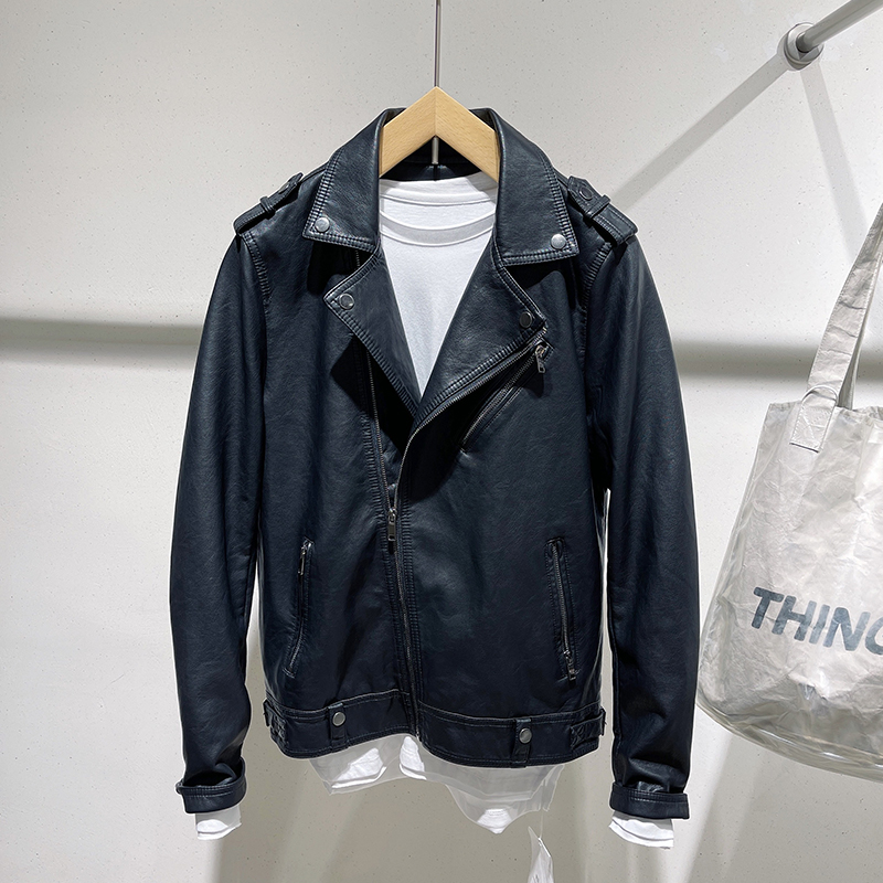 2022 Spring autumn season new men's Korean version Trend pure color casual turnover Leather Jacket Jacket Man for short leather jacket jacket