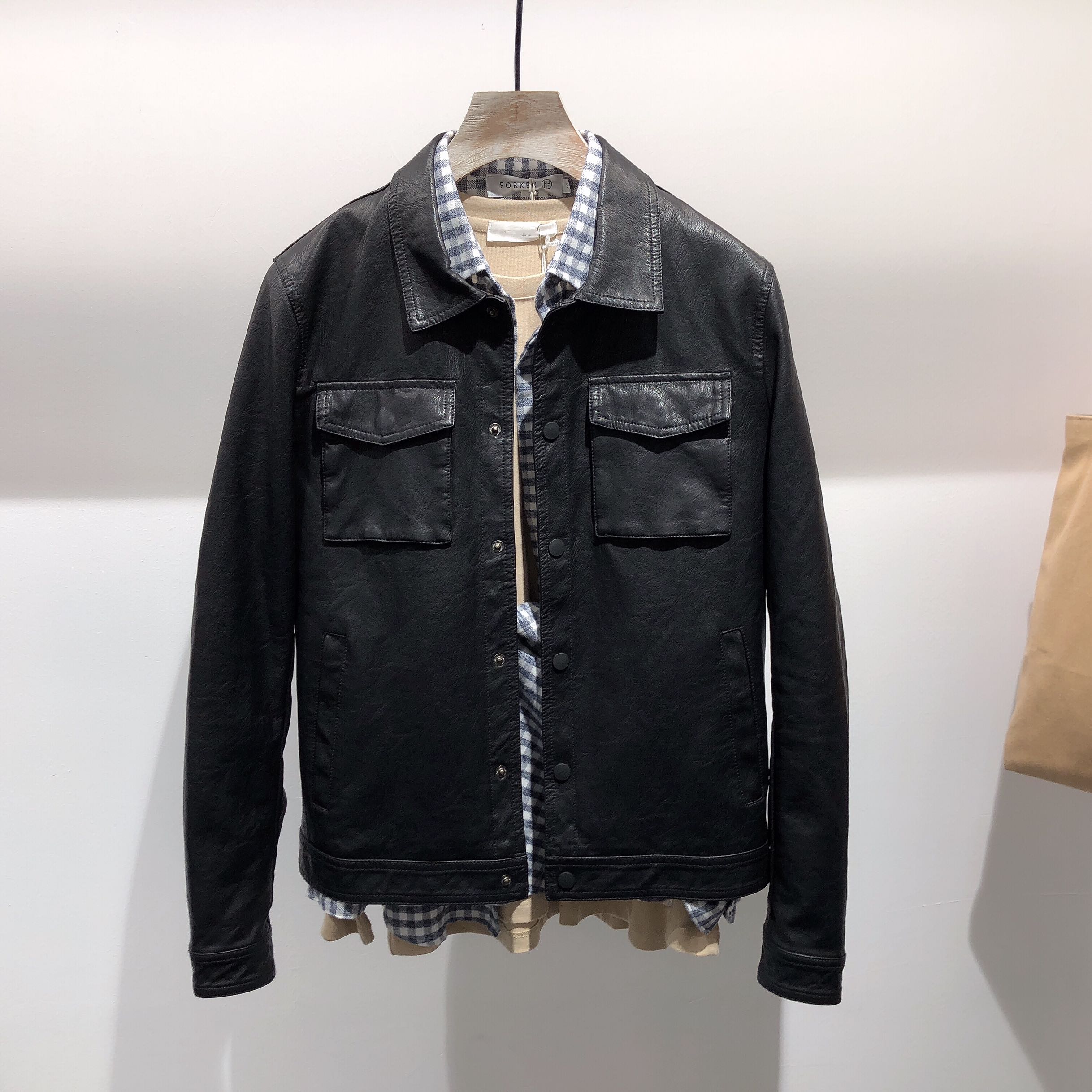 2022 Spring Autumn Season New Men's Pure Color Casual Leather Jacket Han Version Sashimi Pocket Turnover Fashion Jacket Man