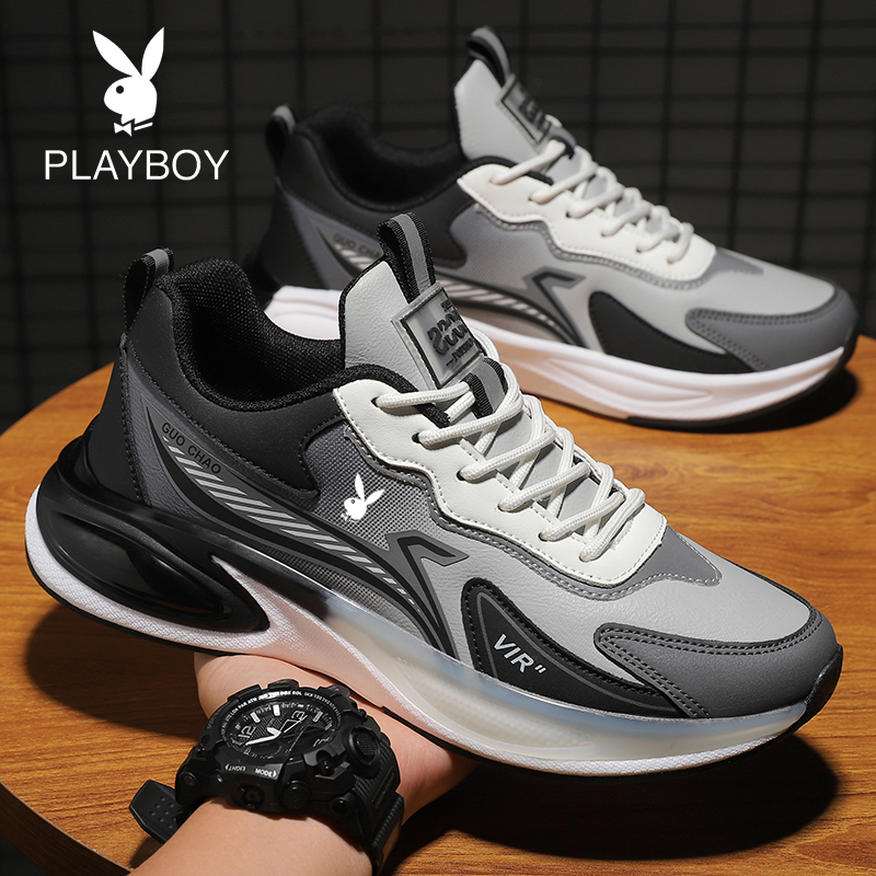Playboy Men's Shoes 2025 New Leather Sneakers Mesh Breathable Ultra-Lightweight Running Shoes Soft Sole Casual Shoes
