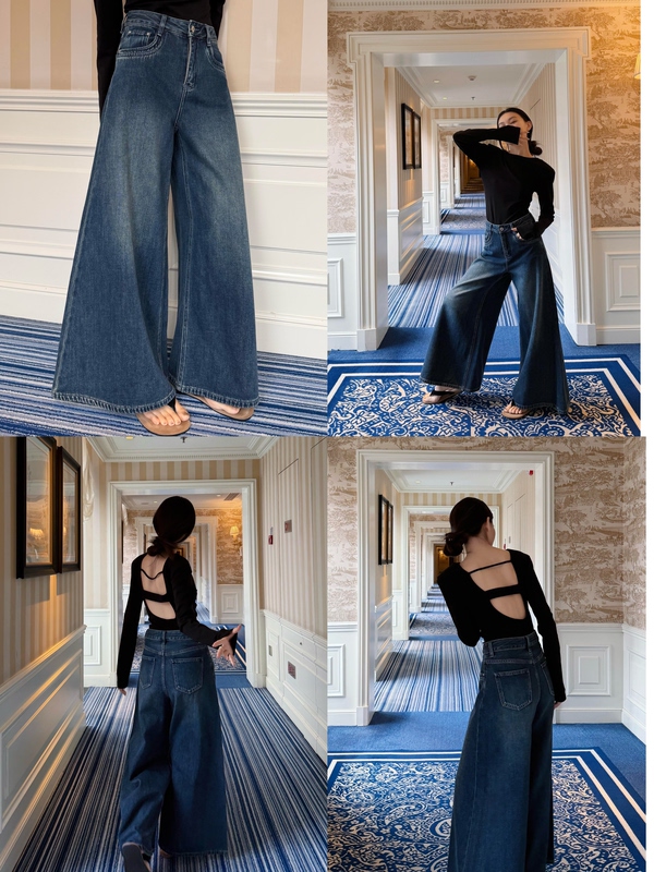 Korean Style New Retro High-Waisted Jeans That Make You Look Taller and Slimmer, Versatile and Stylish, Wide-Leg Casual Denim Pants