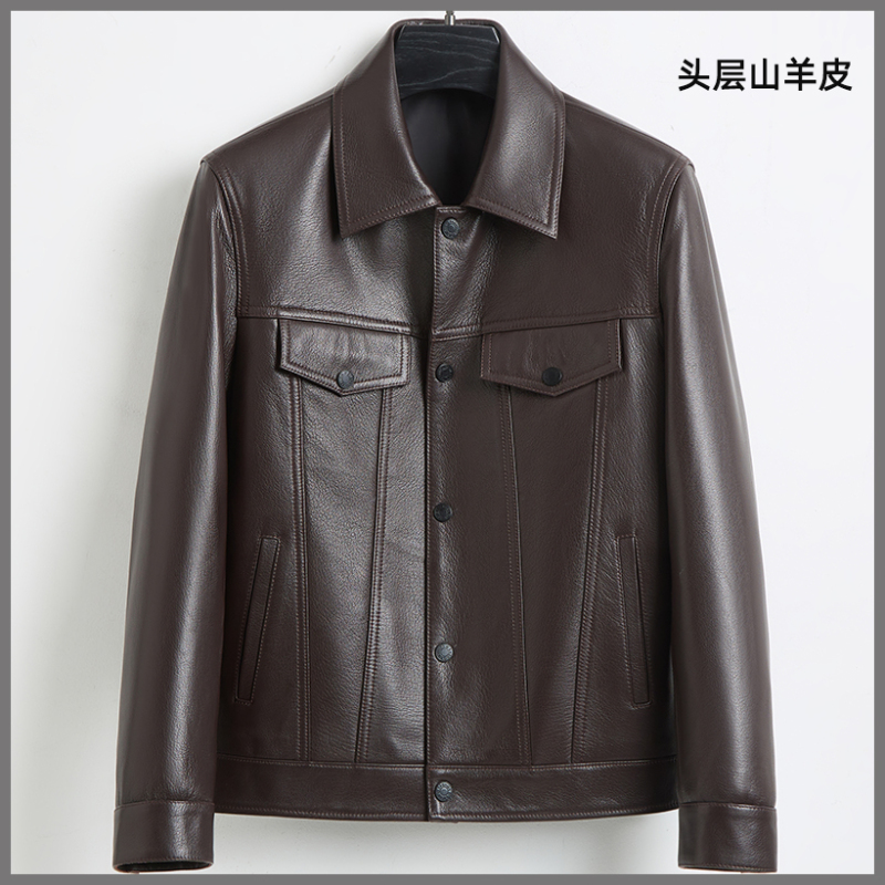Haining Genuine Leather Jacket for Men, First-Layer Goat Leather Jacket, High-End Lapel Motorcycle Jacket, Casual Leather Coat, Winter Short Style Haining Genuine Leather Jacket for Men, First-Layer Goat Leather Jacket, High-End Lapel Motorcycle Jacket, Casual Leather Coat, Winter Short Style