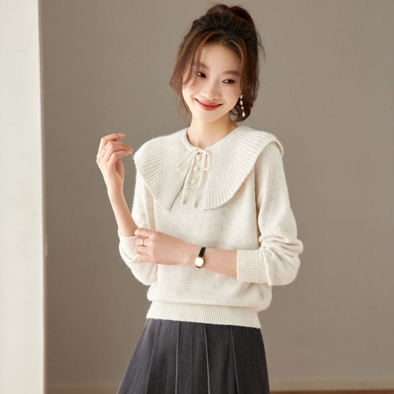 Korean-Style Sweet Doll Collar Tie-Up Knit Sweater for Women, Spring and Autumn, Stylish, Age-Reducing, Petite, Beautiful Sweater, Base Layer Top Korean-Style Sweet Doll Collar Tie-Up Knit Sweater for Women, Spring and Autumn, Stylish, Age-Reducing, Petite, Beautiful Sweater, Base Layer Top