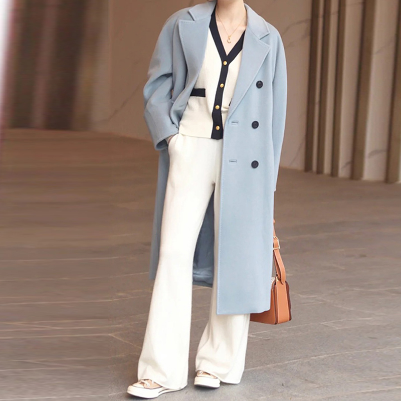 Light Blue Double-Sided Cashmere Coat for Women 2026 Autumn and Winter New Style 101801 Classic Aura Full Thick Woolen Coat Light Blue Double-Sided Cashmere Coat for Women 2026 Autumn and Winter New Style 101801 Classic Aura Full Thick Woolen Coat