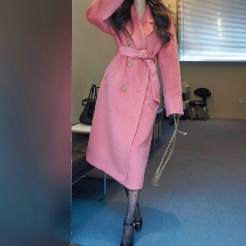 Pink 2025 Autumn and Winter New Model 101801 High-End Double-Sided Wool Coat for Women, Mid-Length Woolen Jacket, Slimming Effect