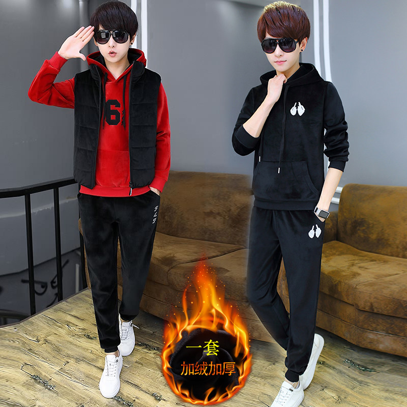 Winter boys suits 2019 new middle-aged children's plus velvet thickened gold velvet sweater junior high school students Western style 3-piece set