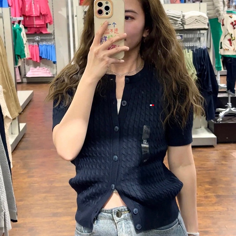 Tommy Twist-Knit Cardigan for Women, New Summer Style, Pure Cotton, Button-Up, Fashionable, Loose, Casual, Short-Sleeved T-Shirt, Trendy Tommy Twist-Knit Cardigan for Women, New Summer Style, Pure Cotton, Button-Up, Fashionable, Loose, Casual, Short-Sleeved T-Shirt, Trendy