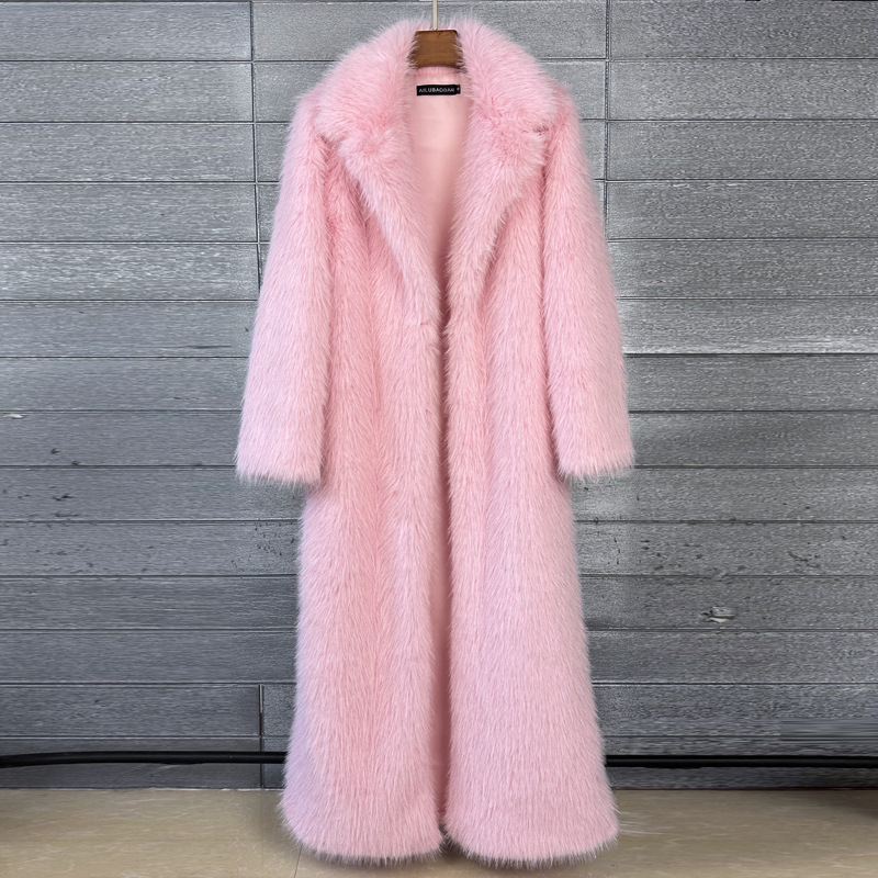 Complimenting the Faux Fur Winter Coat with European and American Style, Artificial Fur Suit Collar, Long Sleeves, Extended Length, Women's Coat