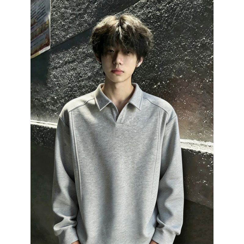 Cleanfit Light Gray Youth Long-Sleeved Sweatshirt Lapel Polo Shirt Men's Heavyweight American Fashion Brand Casual Top