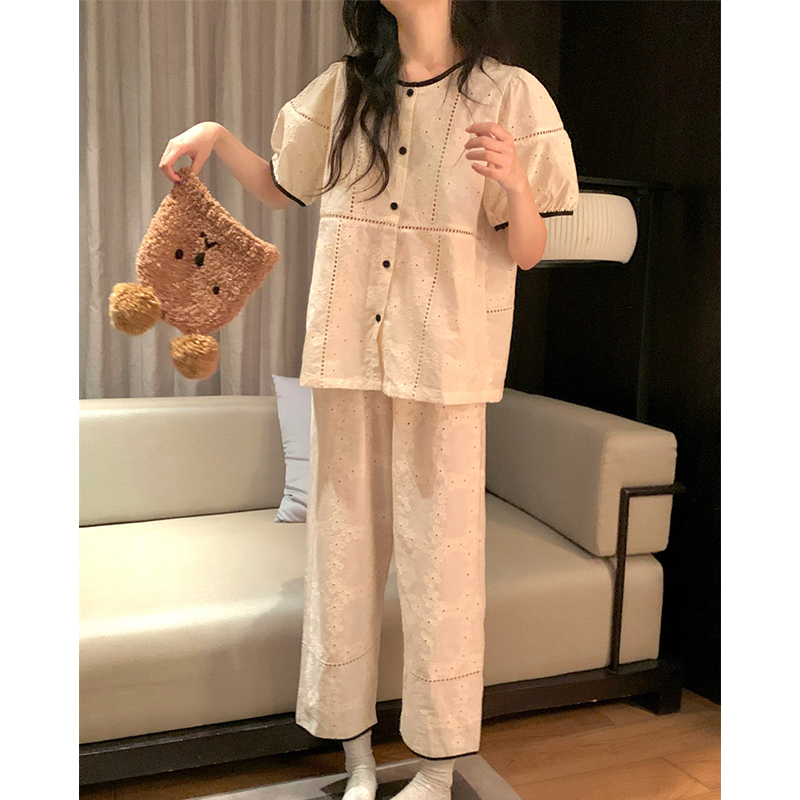 French-Style Pajamas for Women in Summer with Chest Pads, Hollow Embroidery, Round Neck Cardigan, Short Sleeves, Long Pants, Home Wear Set