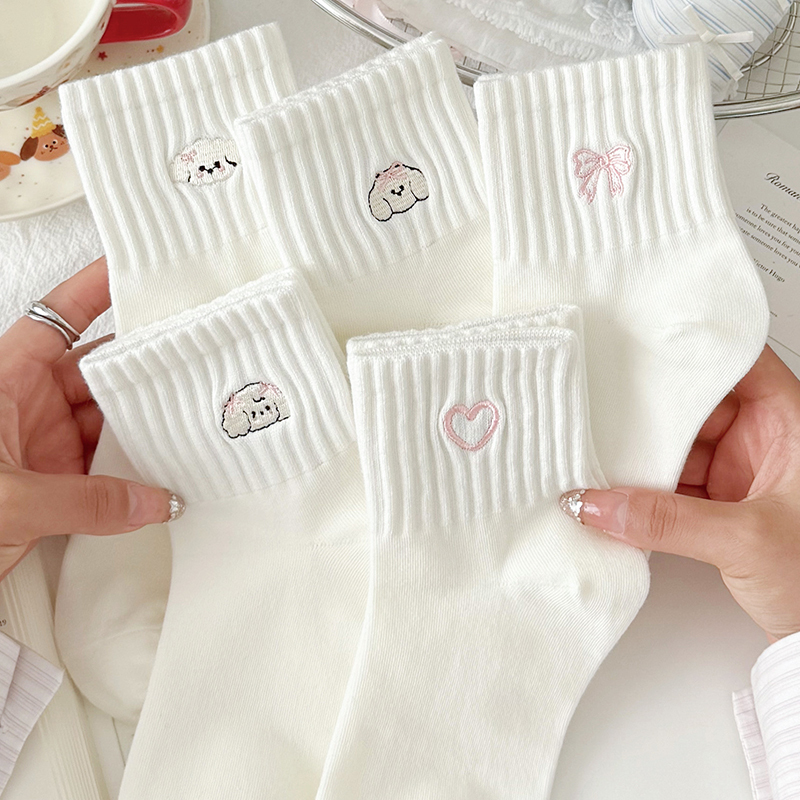 Milky White Cartoon Dog Socks for Women, Mid-Calf, Odor-Resistant, Breathable Cotton Socks, Sports, Spring and Summer New Style, Cute, Japanese Style, Versatile