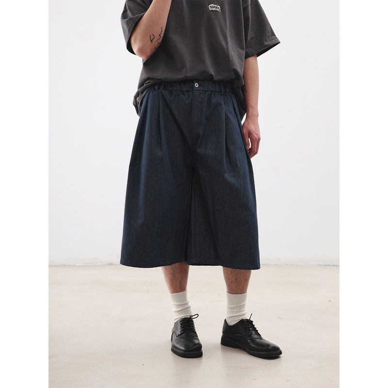 Noears Japanese-Style Design Faux Denim Loose Wide-Leg Blue Mid-Length Pants Summer Casual Elastic Waist Cropped Pants Trendy
