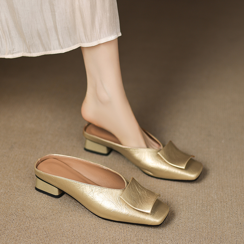 Women's Summer Slip-On Slippers, Large Size, Size 41 to 43, Low Heel, Sweet Style, Square Toe, Commuting, Small Size 32