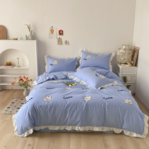 100%cotton four-piece cotton Korean ruffle towel embroidery 1 5m1 8m bed sheet duvet cover Bedding