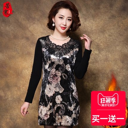 7新款中年妈妈冬装时尚花色加绒加厚连衣裙中