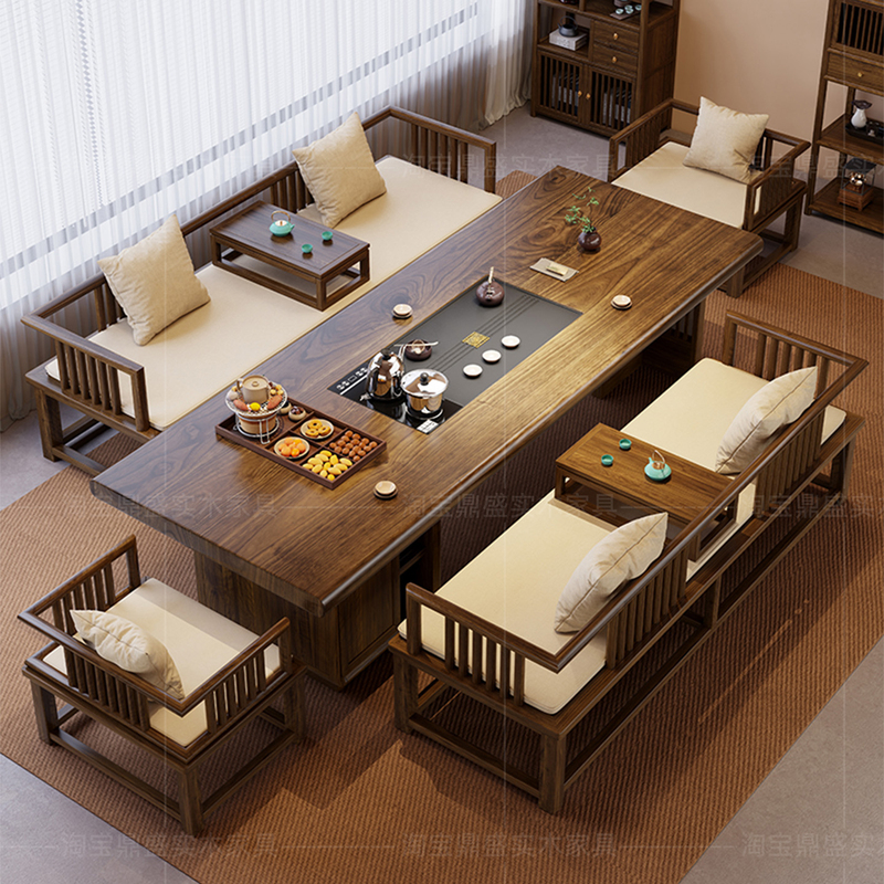 New Chinese-Style Walnut Wood Grain Large Tea Table and Chair Set for Office and Home Use, Storage Bed, Tea Table, Solid Wood Tea Brewing Table