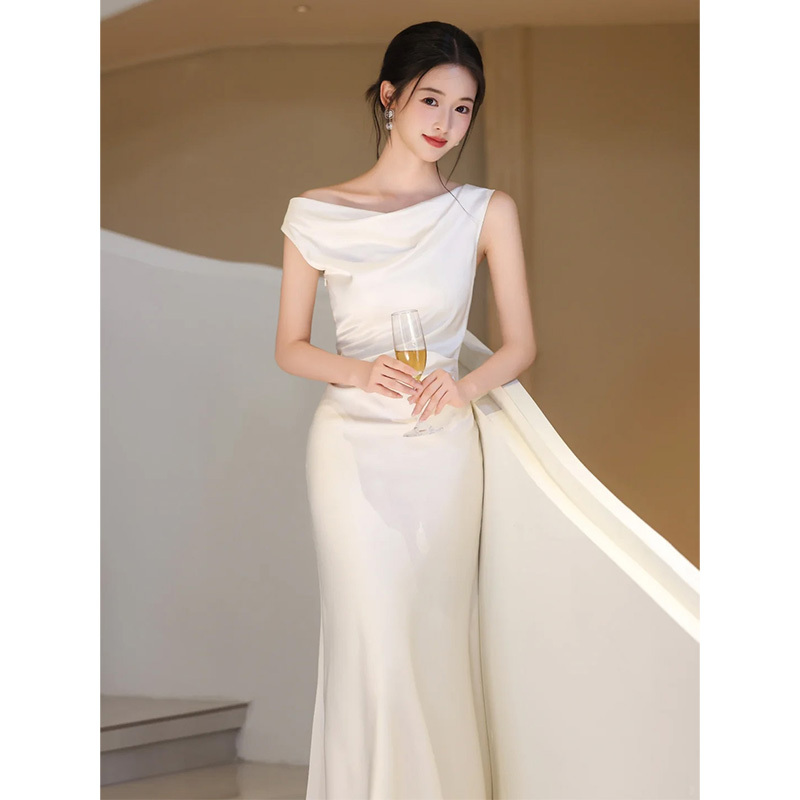 Morning Gown for Women, Bridal Toast Dress, 2026 New French Style, White High-End Engagement Dress, Satin Evening Dress, Autumn