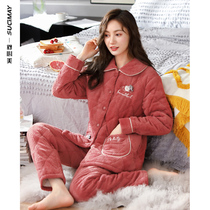 Autumn and winter coral velvet cotton pajamas female middle-aged mother three layers thickened velvet warm embroidery home wear suit