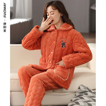 Flannel pajamas ladies autumn and winter padded velvet home clothing cotton warm coral velvet winter suit