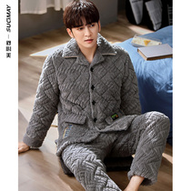 Coral velvet pajamas mens winter three layers of thick cotton plus velvet warm winter can go out large size home suit