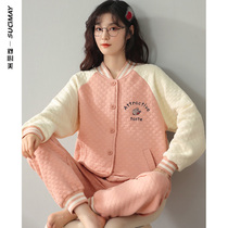 Pajamas womens autumn and winter thickened cotton air cotton baseball collar clip layer thin cotton home clothing 2021 New