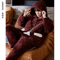 Pajamas mens winter winter three-layer thick warm cotton coral fleece can be worn in red home suit