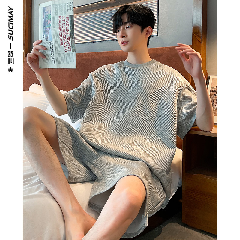 [Breathable Plaid] Can Be Worn Outside, Pure Cotton Pajamas for Men, Summer Short-Sleeved Men's Summer Loungewear, Thin Style, Youth Large Size
