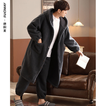 Coral velvet pajamas mens autumn and winter robes thickened morning robes black long hooded flannel home wear