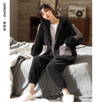 Autumn and winter coral velvet pajamas womens winter padded flannel plus velvet sports suit 2021 new home wear